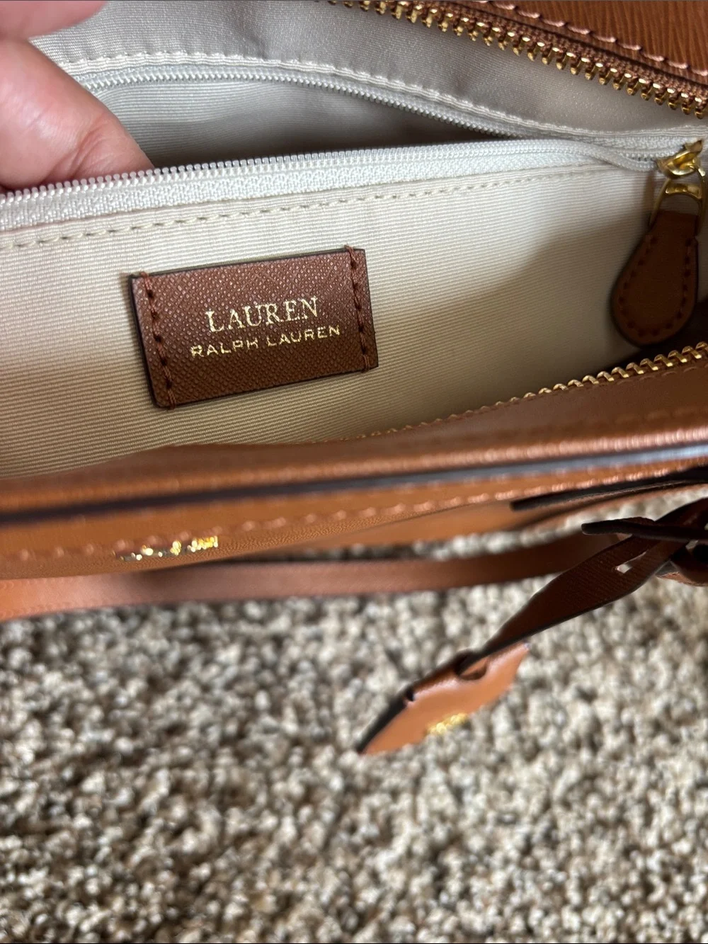 Ralph Lauren Cognac Brown Leather Tote with Gold RL Accent —-LIKE NEW—
